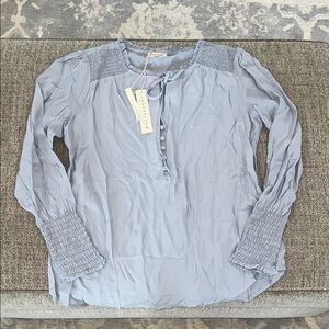 Love Stitch Powder Blue Smocked Yoke Long Sleeve Blouse